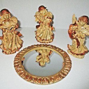 Kirkland Christmas tray mirror décor with golden angels figurine 4pc - Vintage